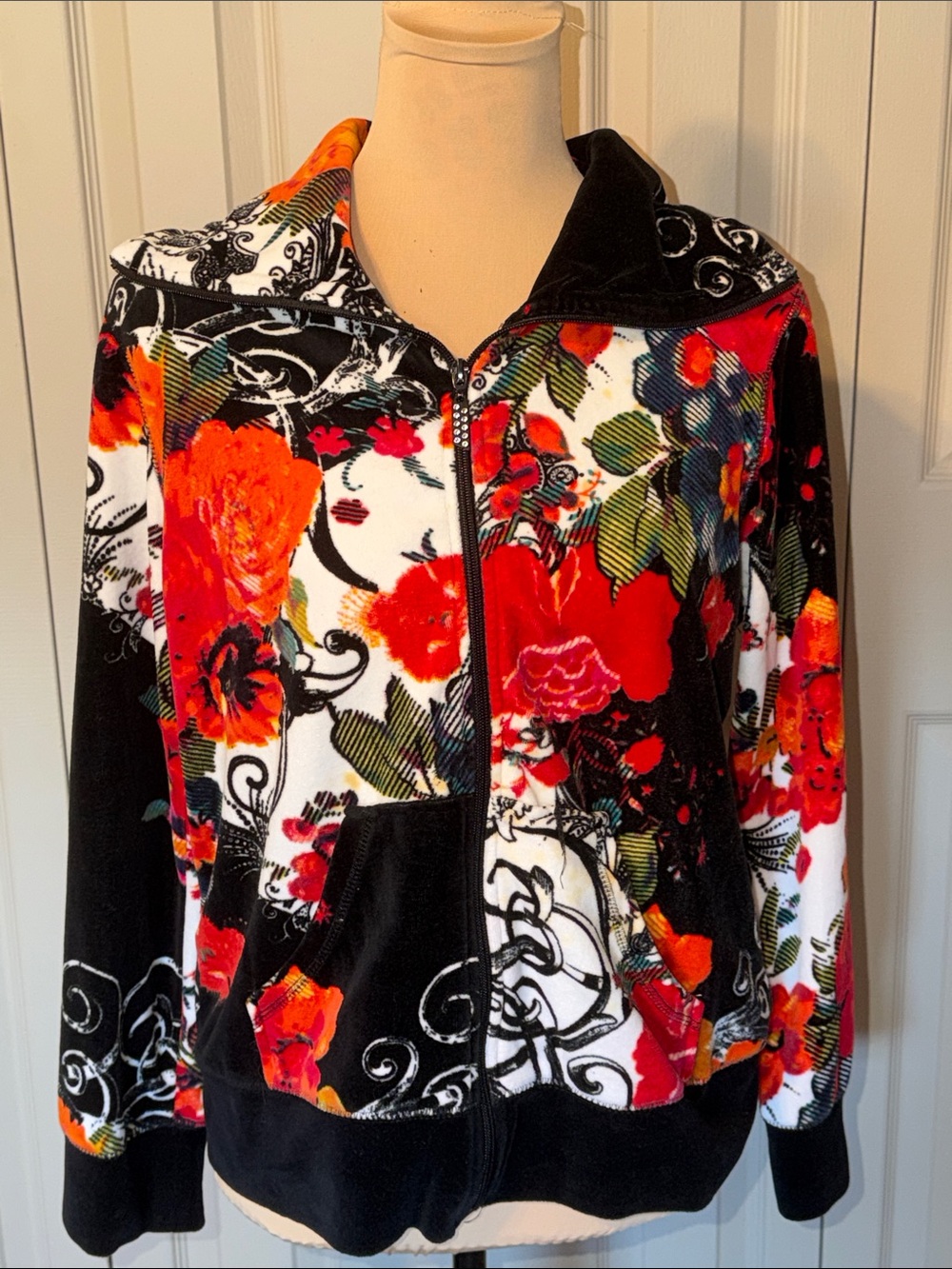 Onque Petite Floral Vibrant Full Zip Velour Jacket Women's Size Petite XLarge